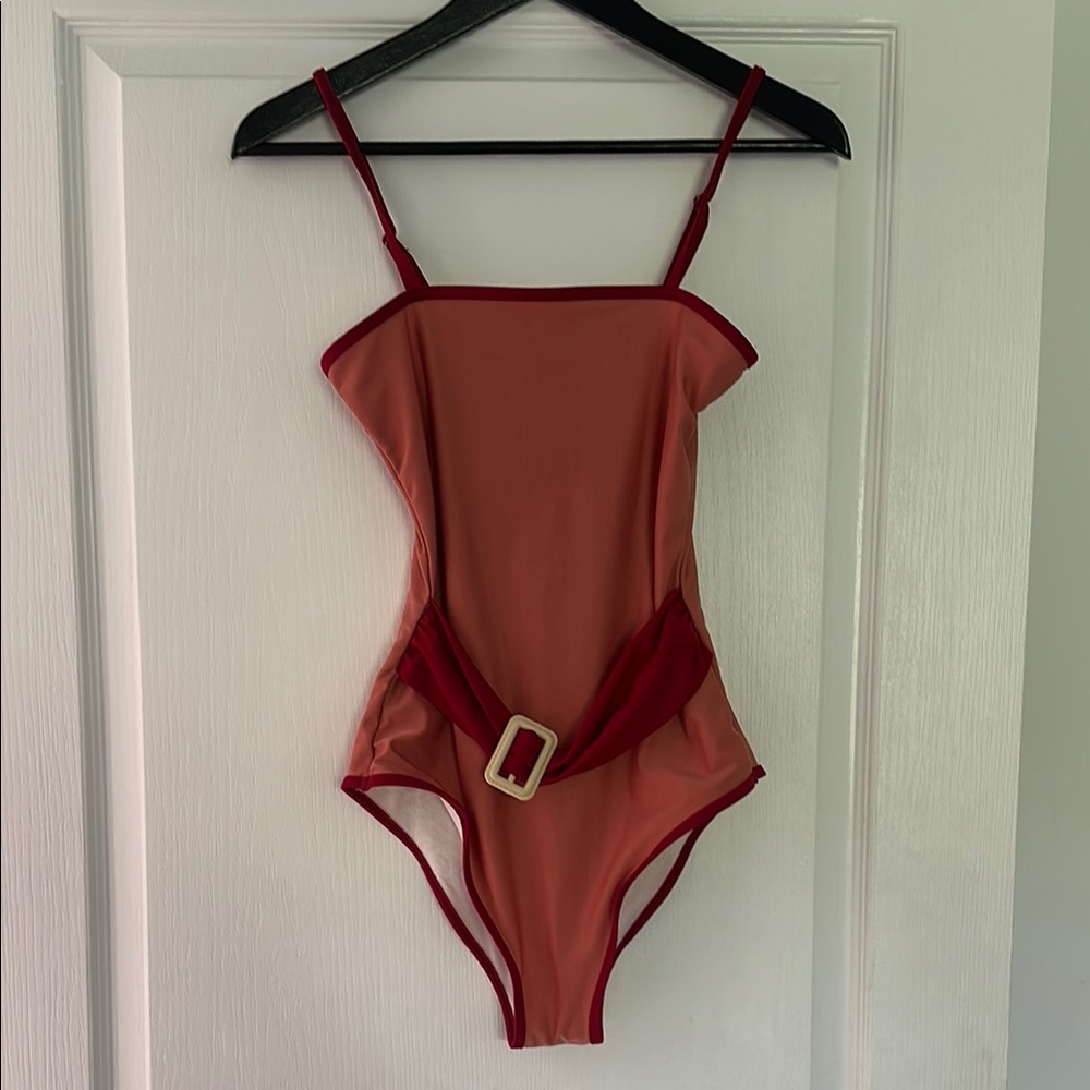 Nevaeh Couture One Piece Swimsuit - Red with belt accent, adjustable straps.